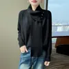 Suéter de tricô de lã pura estilo cachecol casual para mulheres, moderno e elegante, com design de gola alta e decoração de botões, caimento solto