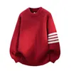 Suéter de Punto para Hombre Cuello Redondo Cuatro Rayas Otoño Invierno Calibre Grueso Engrosado Mangas Rayadas Holgadas Top Pulóver