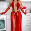 Comercio Electrónico Transfronterizo Europa y América Nuevo Estilo Lencería Sexy para Mujer Body de Malla con Cadena de Charol Conjunto de Lencería Falda