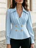 Camisa feminina estilo europeu e americano da Amazon, com decote V, pregas cruzadas, mangas compridas, acinturada, de botões duplos, para o trabalho