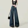 Jeans Wide Leg de Cintura Alta Azul Escuro Estilo Retrô Americano Feminino 2024 Primavera e Outono Novos Calças Largas Soltas Estilo Preguiçoso