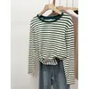 Camiseta de algodón puro estilo coreano insi con cuello redondo para mujer, de manga larga a rayas, para primavera y otoño 2026 otoño/invierno, corte holgado, camiseta básica