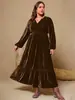 Vestido de Terciopelo de Color Sólido con Mangas de Linterna, Cintura Ajustada y Cuello en V para Mujer, Transfronterizo Europeo y Americano, Talla Grande, 2025