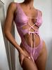 Traje de baño liso para mujer, Nuevo rosa brillante sexy con huecos y amarre, Traje de baño de una pieza estilo Ins europeo y americano, Al por mayor en stock