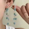 Elegantes Pendientes Largos de Aguja Plateada para Mujer, Diseño de Borla Azul Glaciar, Pendientes de Botón Portátiles por Delante y por Detrás, Pendientes de Estilo Minimalista de Nicho para el Verano