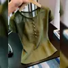 Diseño Estilo Retro Francés, Verde Militar Manga Corta para Mujer Verano 2026 Nuevo Estilo de Oficina Top Elegante que Reduce la Edad