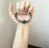 Pulseira simples de contas redondas de obsidiana em formato de cabeça de gato, estilo casal, pulseira de fio único, patchwork de cristal de morango, pulseira unissex