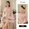 Camisola de Satén Fruncida con Encaje Bordado y Malla, Camisón con Almohadillas en el Pecho y Bata, Conjunto de Ropa para el Hogar 5848