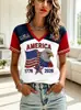 Fabricante Direto Roupas Femininas Transfronteiriças EUA 250ª Camiseta com Estampa Digital Decote V Dia da Independência Estrelas e Águias