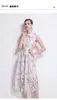 Vestido de Lapela Estampado em Renda Solúvel em Água Elegante de Alto Padrão Transfronteiriço Feminino Novo de Botão Único Cintura Saia Longa