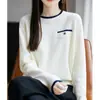 Suéter de Punto Redondo Estilo Coreano 2025 para Mujer con Colores Contrastantes para Primavera, Otoño e Invierno Nuevo Suelto Look Adelgazante Camiseta Base Algodón Engrosado