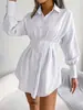 Estilo Ins Foto Real Primavera e Verão Casual Manga Lanterna Cintura Apertada Assimétrico Vestido Camisa Vestido Amazon Cross-border Roupas Femininas