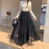 Elegante y delicado estilo falda de pastel plisada para mujer, nuevo modelo otoño e invierno 2026, con efecto adelgazante, línea A, dobladillo amplio, falda larga de malla