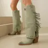 Botas Vaqueras Western con Flecos y Remaches para Mujer Punta Fina Tacón Grueso Efecto Madera Corte en V Retro Hasta la Rodilla Botas de Caballero
