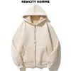 Jaqueta corta-vento de fleece pesado com forro sherpa para outono e inverno, moletom com capuz unissex, caimento solto, cardigã com ombros caídos