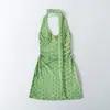 1636-26 Verano estilo coreano ajustado lunares cuello en V ceñidor de cintura cuello halter sin tirantes vestido falda corta
