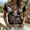 Top estampado de manga corta con cuello en V transfronterizo 2026 nuevo estilo de verano europeo y americano, imitación lino, holgado, casual, disponible para dropshipping