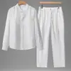 Estilo Old Money Camisa Casual de Tencel y Lino Holgada con Cuello Mao Pantalón Largo para Hombre Conjunto de Cárdigan