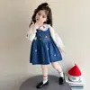 Conjunto de Peto Vaquero para Niña Primavera y Otoño Nuevo Chaleco Bordado para Niños Vestido Camisa con Cuello de Muñeca Conjunto de Dos Piezas