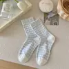 Calcetines de estilo coreano Ins con lazo, de media pantorrilla para mujer, calcetines frescos florales a cuadros para primavera y verano, calcetines de algodón puro transpirables para mujer