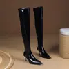 Charol, sexy, estilo europeo y americano, botas altas hasta la rodilla, nueva colección otoño/invierno, versátiles, adelgazantes, con cremallera, botas de mujer, de tacón alto, botas elásticas