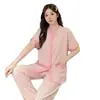 Pijama de verão feminino transfronteiriço 2026, conjunto de manga curta e calça comprida, alta qualidade, roupa de casa fina feita de algodão waffle, pode ser usado fora