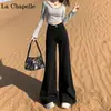 Jeans Wide Leg Flare Estilo Americano Preto para Mulheres 2025 Tendência Versátil Novo Outono Cintura Alta Emagrecedor Calças Flare