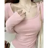 Camiseta Base Interior de Terciopelo para Mujer Otoño e Invierno Nueva Sensación de Alta Gama Cuello Cuadrado Top Ajustado Adelgazante Camiseta de Manga Larga Moderna