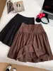 Saia Midi de Veludo Cotelê Cor Café com Bolinhas Estilo Retrô para Meninas Plus Size Outono Inverno Ligeiramente Cheinhas Afinando Linha A Cinco Pontos