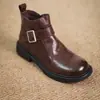 Botas de Inverno Femininas Cano Curto com Forro de Lã, Engrossadas, Solado Macio, Bico Arredondado, Salto Médio, Salto Bloco, Couro Macio, Calor de Lã, Marrom Nordeste, Botas de Neve para Mulheres