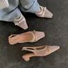 Sandálias Elegantes de Bico Fechado~Estilo Fada Couro Genuíno e Malha Spliced Peep-Toe Salto Bloco Novos Sapatos de Verão Moda Salto Médio