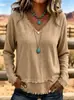 2026 Verano Nuevo Estilo Europeo y Americano Holgado Cuello en V Flecos Manga Larga Camiseta Mujer Color Sólido Casual Superior Ropa Femenina Transfronteriza