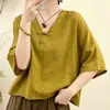 Nuevo estilo chino botón de rana cuello en V algodón y lino manga corta holgado top para mujer, nueva llegada de verano, camiseta versátil casual con temperamento