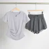 Conjunto Fitness de Verão Feminino Profissional Plus Size Corrida Secagem Rápida Pilates Yoga Treinamento Roupa Esportiva Top de Manga Curta com Decote V