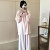 Conjunto de Manga Longa e Calça Longa de Cor Sólida para Primavera com Gola Redonda Francesa e Renda, Estilo Puro e Doce, Modelagem Solta para Casa, Modelo Fino