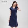 Vestido de Seda Pesada 19mm Estilo Novo Europeu e Americano para Mulheres, 100% Seda de Amoreira, Acinturado, Comprimento Médio, Decote em V, Vestido de Manga Curta