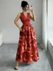 Nuevo vestido largo cruzado sin mangas con escote en V profundo, estampado francés, adelgazante, de cintura alta, plisado, con dobladillo ancho, maxi vestido de vacaciones