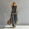Conjunto Casual Elegante de Linho Novo Transfronteiriço Europeu e Americano 2026: Blusa Elegante Sem Mangas de Gola Redonda Combinada com Calça Longa Solta