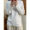 Camiseta Blanca de Manga Larga de Algodón Puro Estilo Holgado Perezoso para Mujer Primavera y Otoño Diseño con Abertura Lateral Top Base Holgado para Superponer