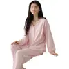 Cardigan de pijama de duas peças para casa feminina, manga longa e calça longa, gola V, cor sólida, algodão jacquard elástico dupla face
