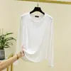 Nova Camisa Base Modal com Gola Redonda e Manga Longa Patchwork Emagrecedora para Mulheres, Top Liso para Primavera e Outono, Camiseta Plus Size de Corte Justo para Mulheres