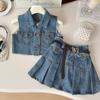 Novo Conjunto Jeans de Verão para Meninas 2026 Estilo Coreano Moda Bebê Colete Sem Mangas com Franjas e Saia Plissada Conjunto de Duas Peças