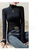 Camiseta interior de terciopelo de cuello medio alto para otoño e invierno, cálida, ajustada, de manga larga