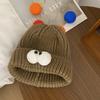 Gorro de lana de monstruo pequeño con ojos grandes de dibujos animados para mujer, otoño e invierno, bonito y divertido gorro de punto para pareja que hace que la cara parezca pequeña