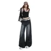 Pantalones Retro de Pierna Ancha Azul Profundo para Mujer, Elegantes Pantalones de Mezclilla Sueltos Estilizados Lavados que Adelgazan, Pantalones Largos Azul Grisáceos, Pantalones Azul Grisáceos Extra Largos