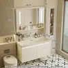 Gabinete de baño con lavabo integrado de piedra chapado en oro de lujo ligero estilo italiano, juego de tocador para baño