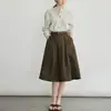 Camisa de Algodão Pima Verde com Linho Francês, Processo de Encolhimento Salino, Listrada, Gola Alta, para Mulheres