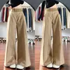 Pantalones de pierna ancha con retazos en la cintura de cuadros caqui para mujer, Nuevo estilo Verano 2025, Estilo perezoso petite, Pantalones casuales de traje para primavera y otoño