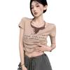 Dulce y Picante Camiseta de Verano de Dos Piezas Falsas con Cuello Halter y Manga Corta para Mujer con Estampado de Letras Retro Empalmado Top Corto Elegante
