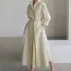 Vestido Cruzado Europeu e Americano 2026 Novo Estilo Casual Moda para o Dia a Dia Gola Polo Manga Longa com Cintura Elástica e Barra Larga